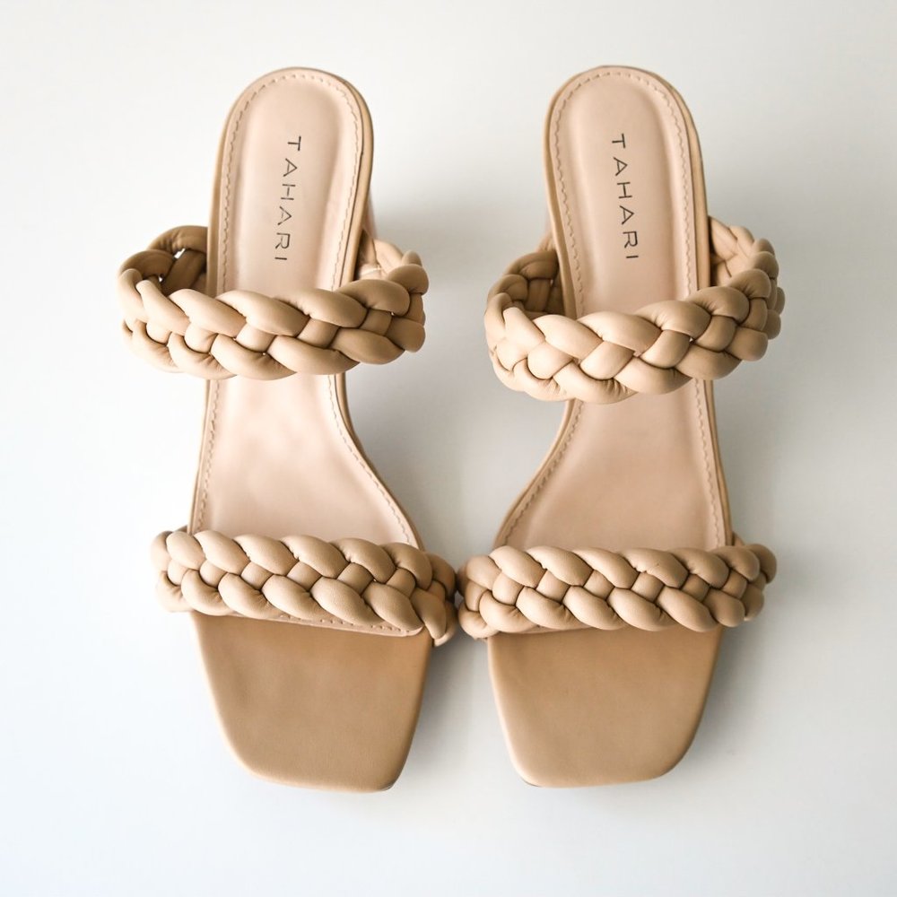 TAHARI Tan Dayah Rope Braid Square Toe 3" Heel Sandals - Size 9